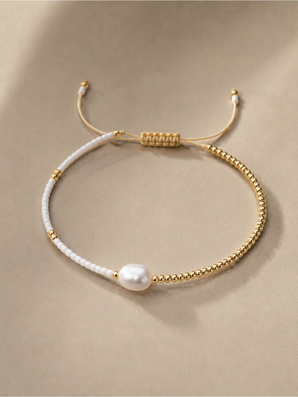 Gold and White Pearl Adjustable Beaded Bracelet